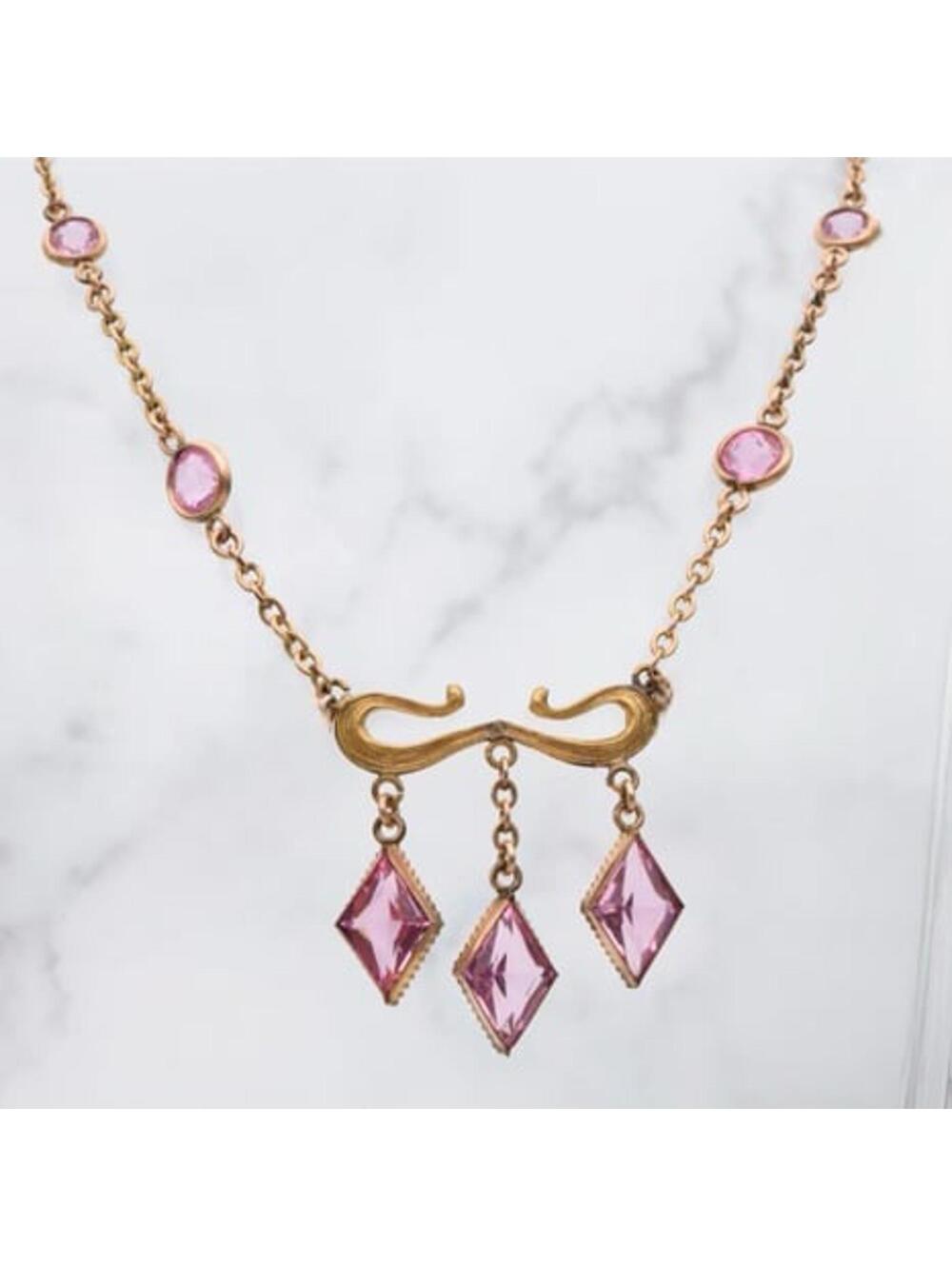 Antique Art Nouveau Rare Edwardian? Rose Gold Necklace w/ Pink Stones Victorian?